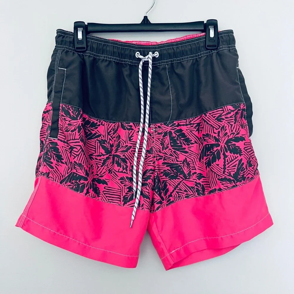 Mens Colorblock Tropical Palm Swim Trunks‎ Neon Pink Charcoal Board Shorts M